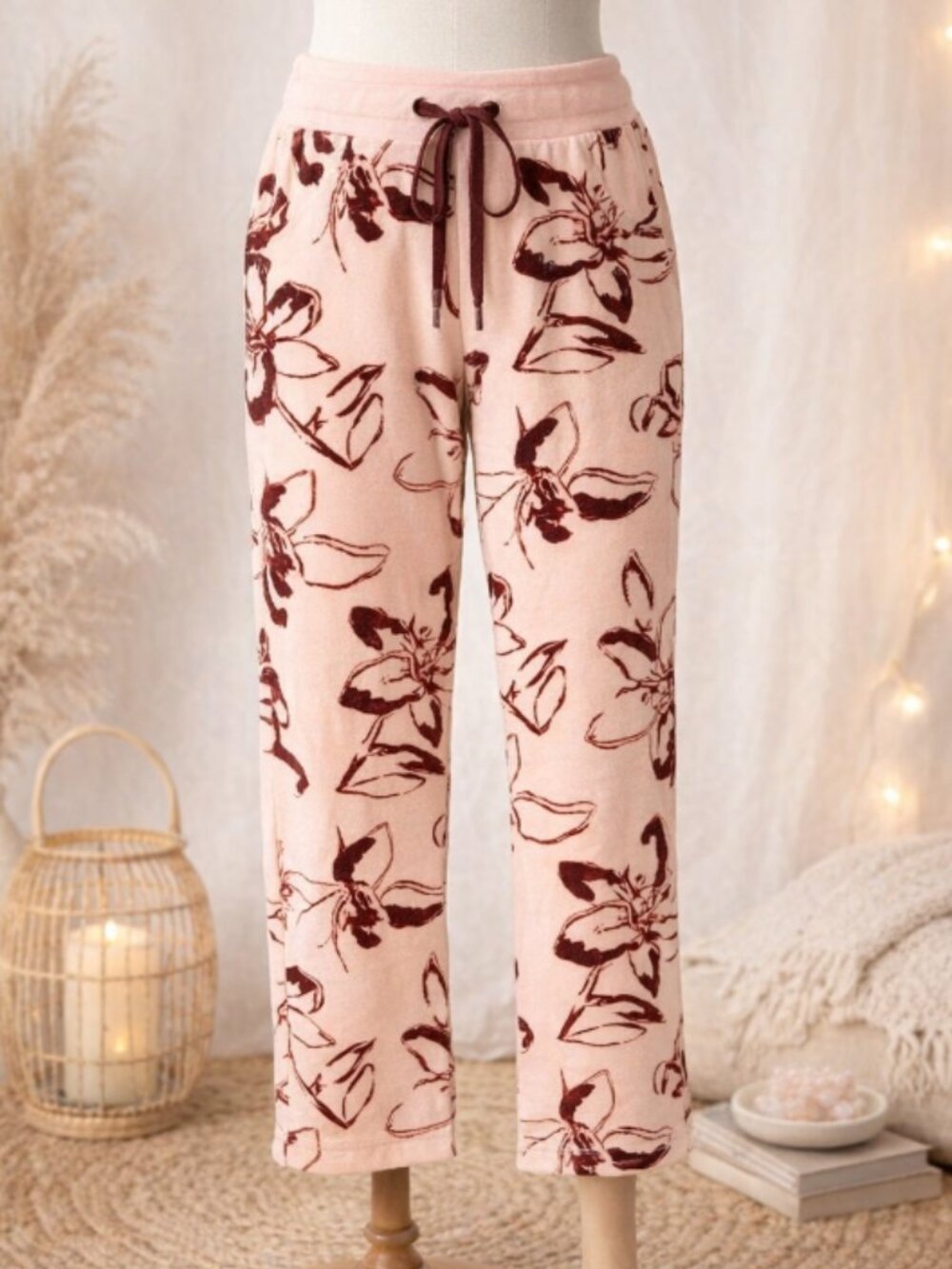 Cozy Pink Floral Cropped Pajama PJ Pants S Cottagecore Loungewear Soft Sleepwear